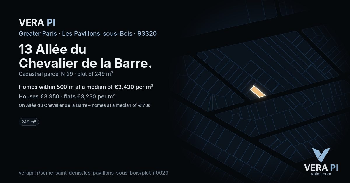 13 Allée du Chevalier de la Barre, Les Pavillons-sous-Bois at night – the plot lit, the parcels around coloured by the prices near them