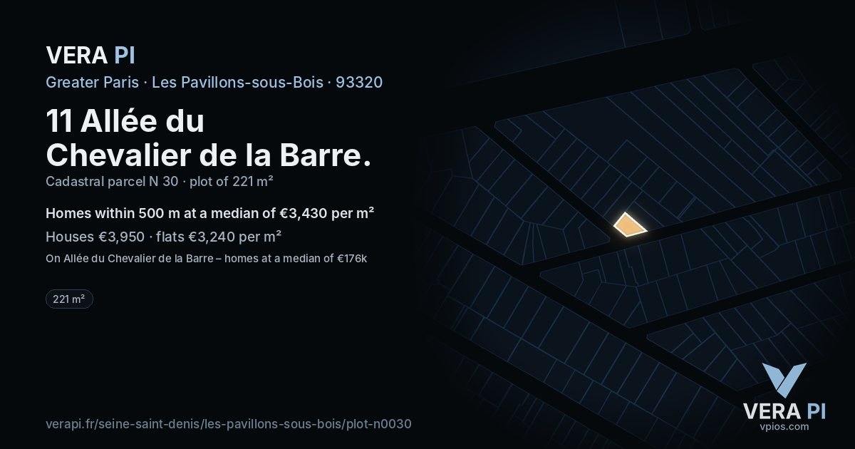 11 Allée du Chevalier de la Barre, Les Pavillons-sous-Bois at night – the plot lit, the parcels around coloured by the prices near them