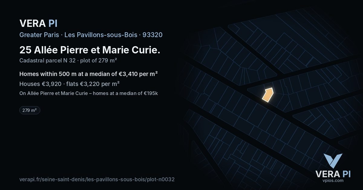 25 Allée Pierre et Marie Curie, Les Pavillons-sous-Bois at night – the plot lit, the parcels around coloured by the prices near them