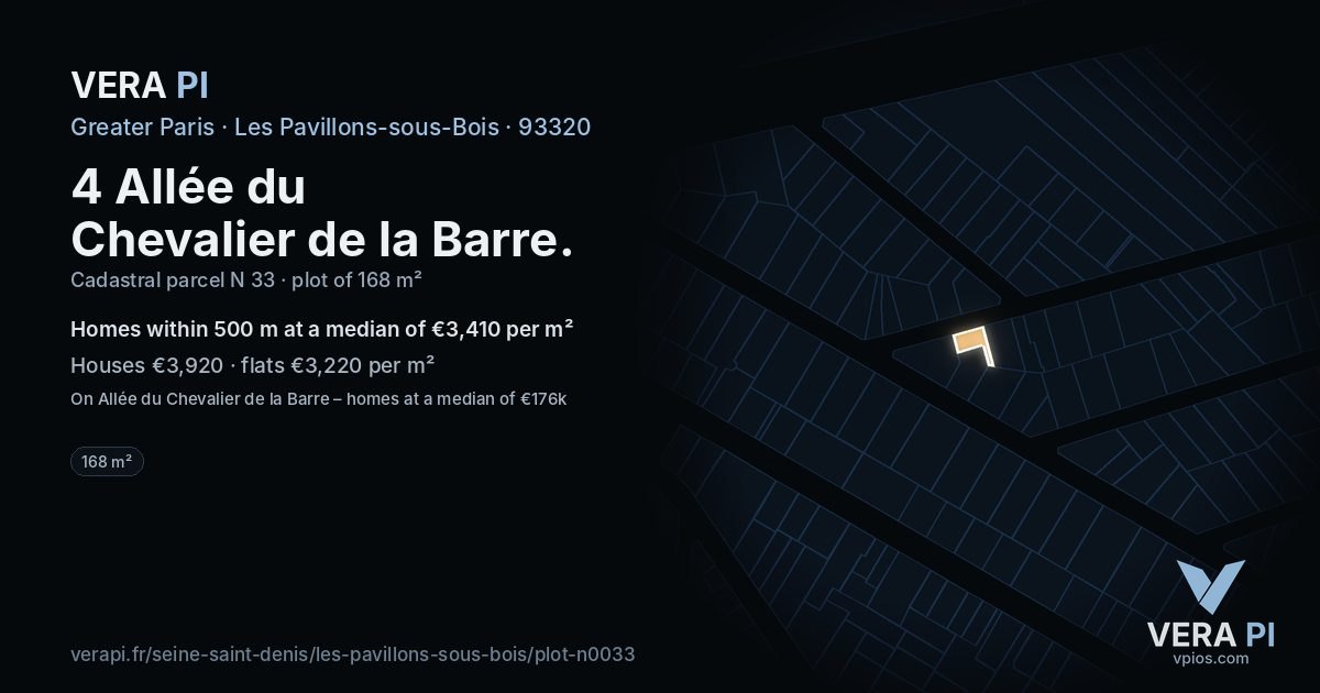 4 Allée du Chevalier de la Barre, Les Pavillons-sous-Bois at night – the plot lit, the parcels around coloured by the prices near them
