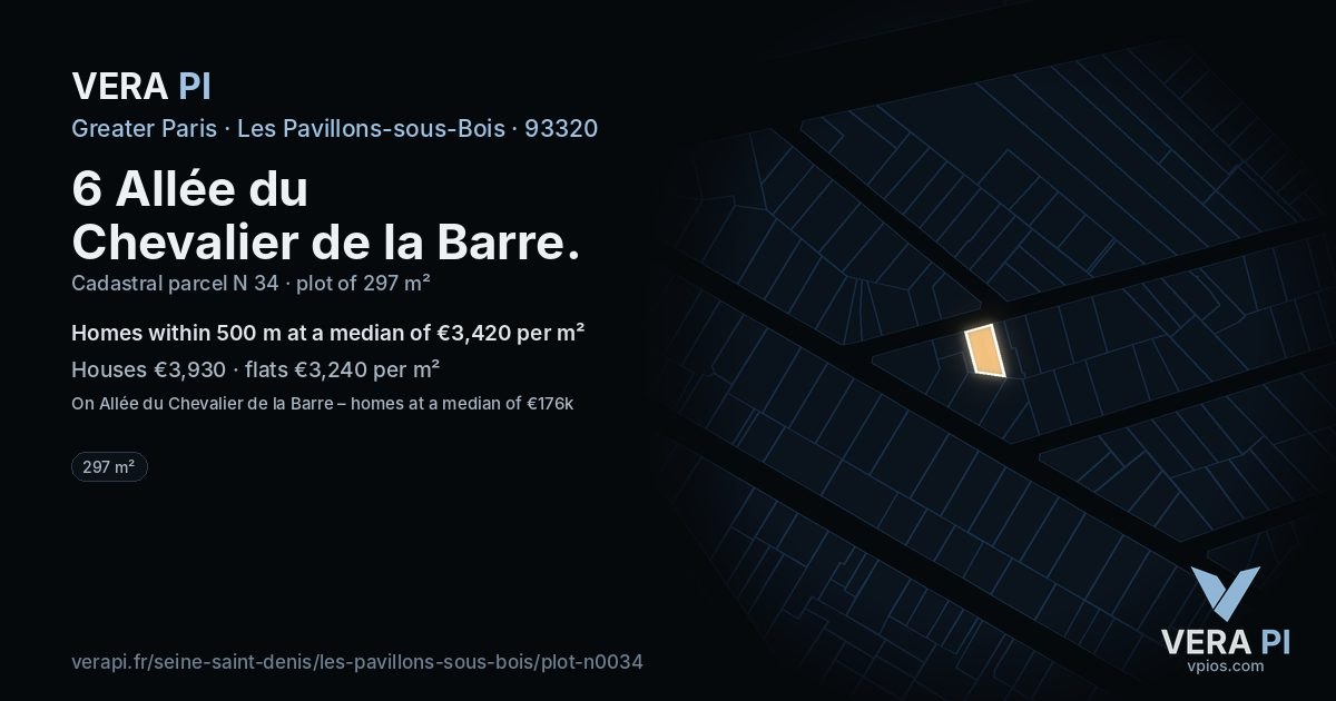 6 Allée du Chevalier de la Barre, Les Pavillons-sous-Bois at night – the plot lit, the parcels around coloured by the prices near them
