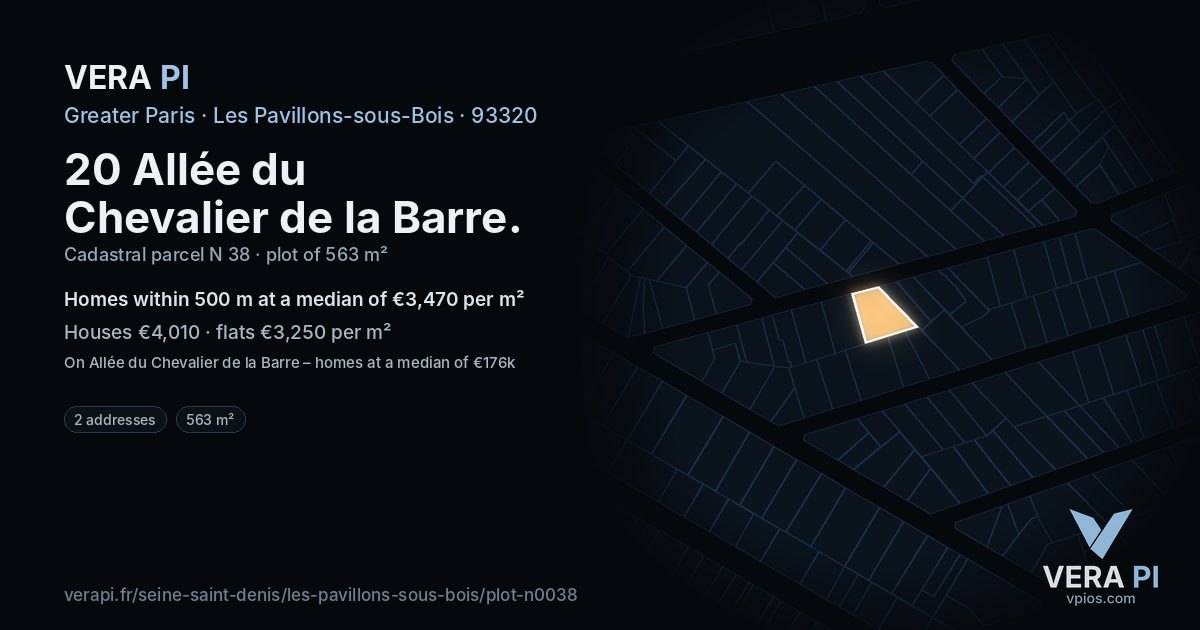 20 Allée du Chevalier de la Barre, Les Pavillons-sous-Bois at night – the plot lit, the parcels around coloured by the prices near them