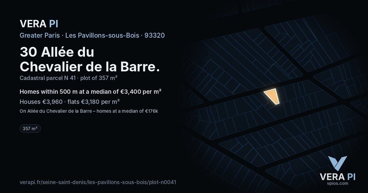 30 Allée du Chevalier de la Barre, Les Pavillons-sous-Bois at night – the plot lit, the parcels around coloured by the prices near them