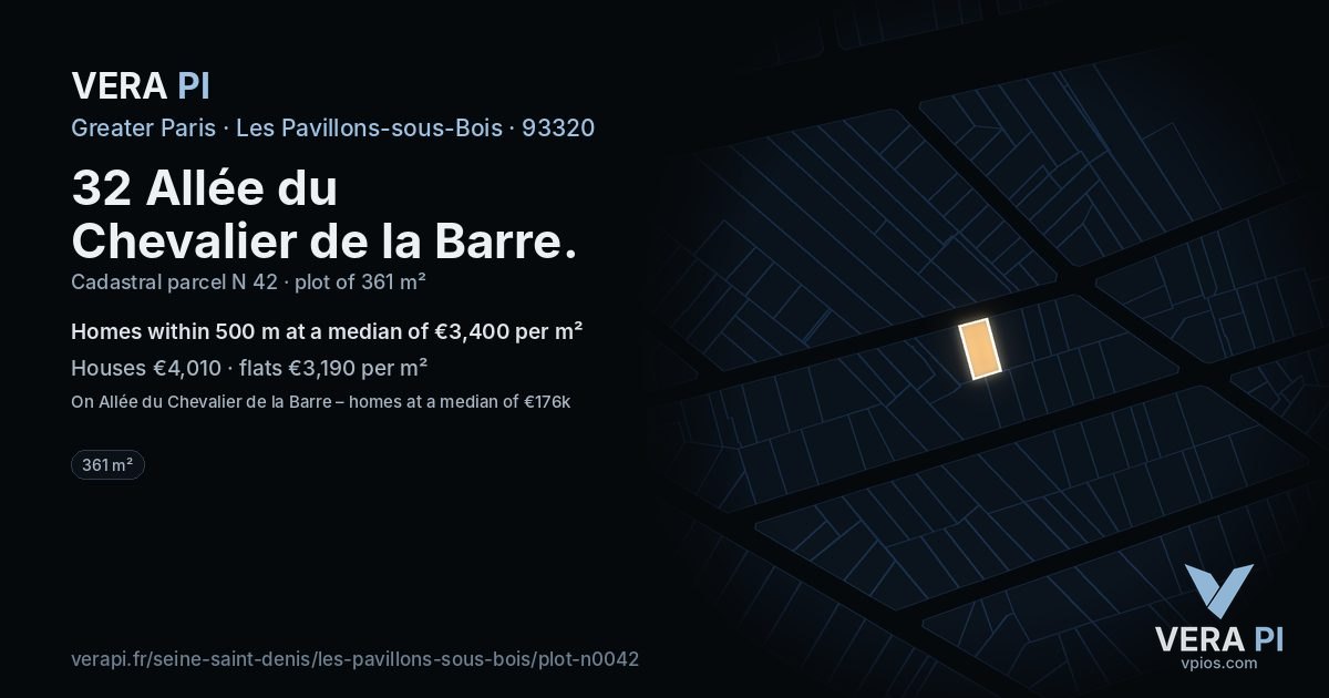 32 Allée du Chevalier de la Barre, Les Pavillons-sous-Bois at night – the plot lit, the parcels around coloured by the prices near them