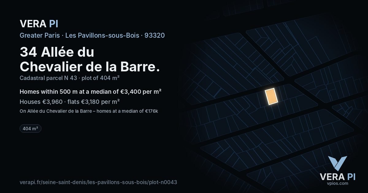 34 Allée du Chevalier de la Barre, Les Pavillons-sous-Bois at night – the plot lit, the parcels around coloured by the prices near them