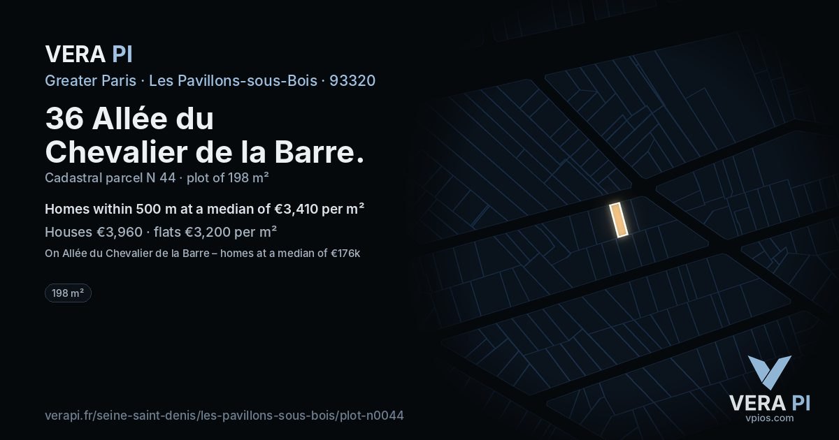 36 Allée du Chevalier de la Barre, Les Pavillons-sous-Bois at night – the plot lit, the parcels around coloured by the prices near them
