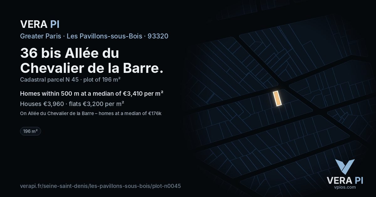 36 bis Allée du Chevalier de la Barre, Les Pavillons-sous-Bois at night – the plot lit, the parcels around coloured by the prices near them