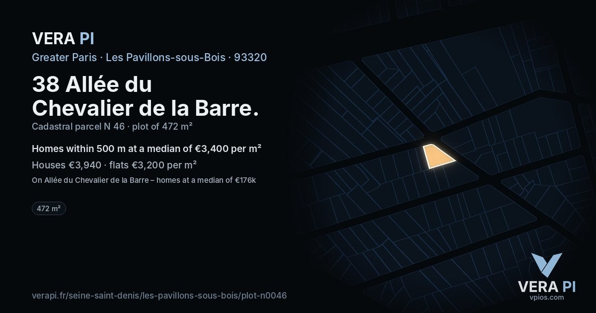 38 Allée du Chevalier de la Barre, Les Pavillons-sous-Bois at night – the plot lit, the parcels around coloured by the prices near them