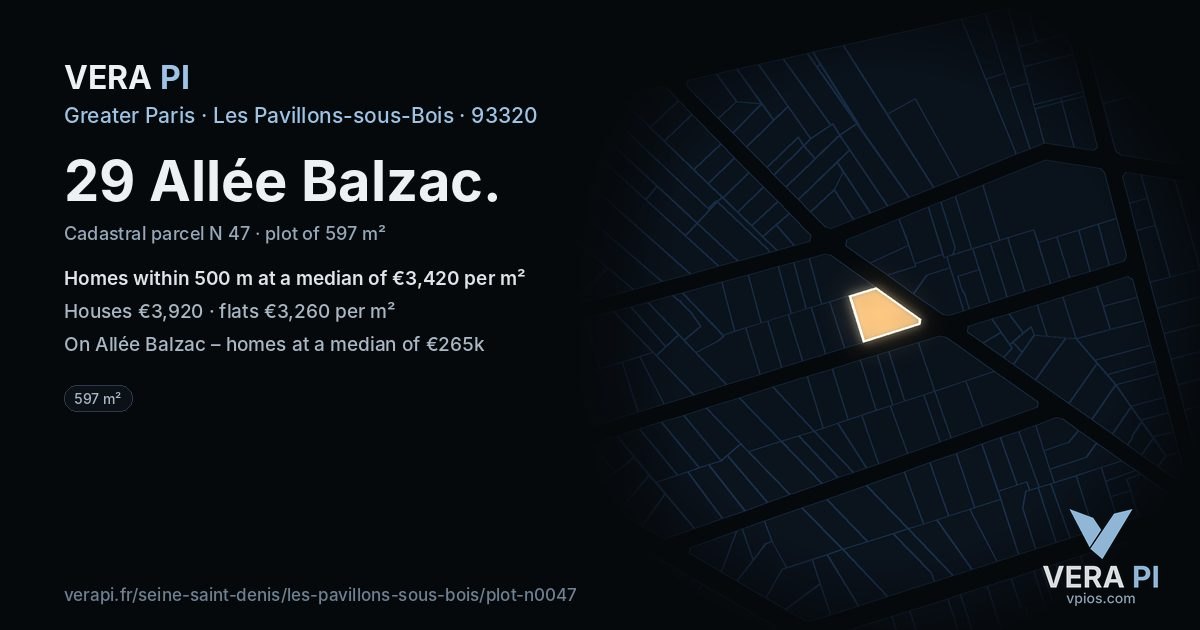 29 Allée Balzac, Les Pavillons-sous-Bois at night – the plot lit, the parcels around coloured by the prices near them