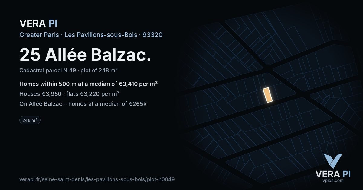 25 Allée Balzac, Les Pavillons-sous-Bois at night – the plot lit, the parcels around coloured by the prices near them