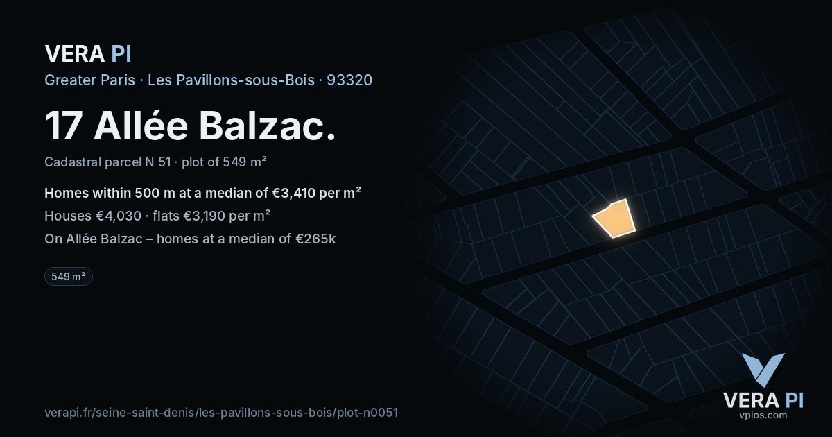 17 Allée Balzac, Les Pavillons-sous-Bois at night – the plot lit, the parcels around coloured by the prices near them