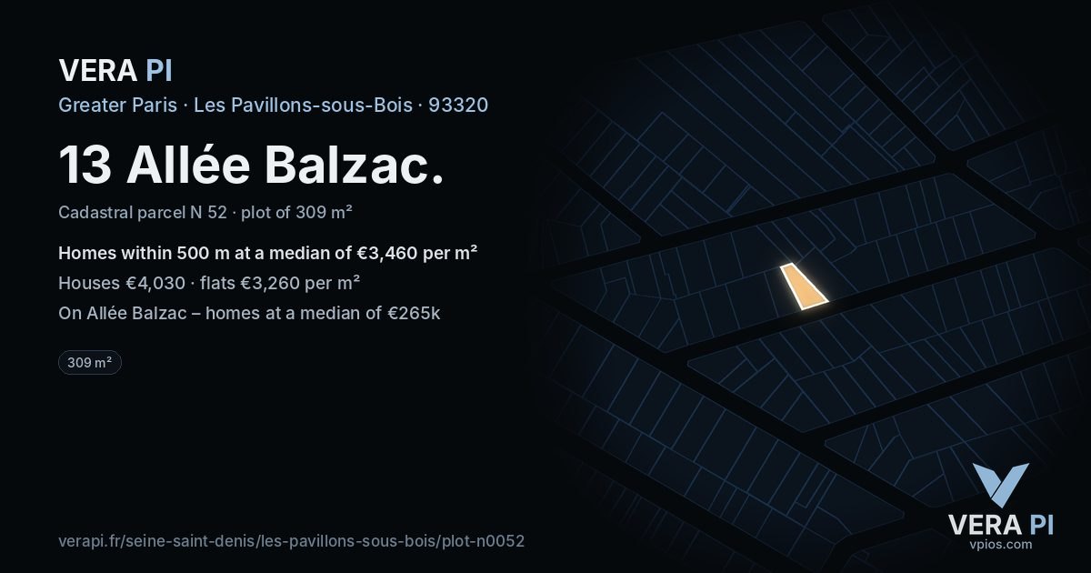 13 Allée Balzac, Les Pavillons-sous-Bois at night – the plot lit, the parcels around coloured by the prices near them