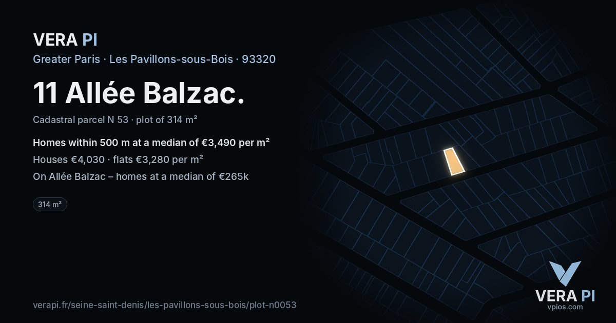 11 Allée Balzac, Les Pavillons-sous-Bois at night – the plot lit, the parcels around coloured by the prices near them
