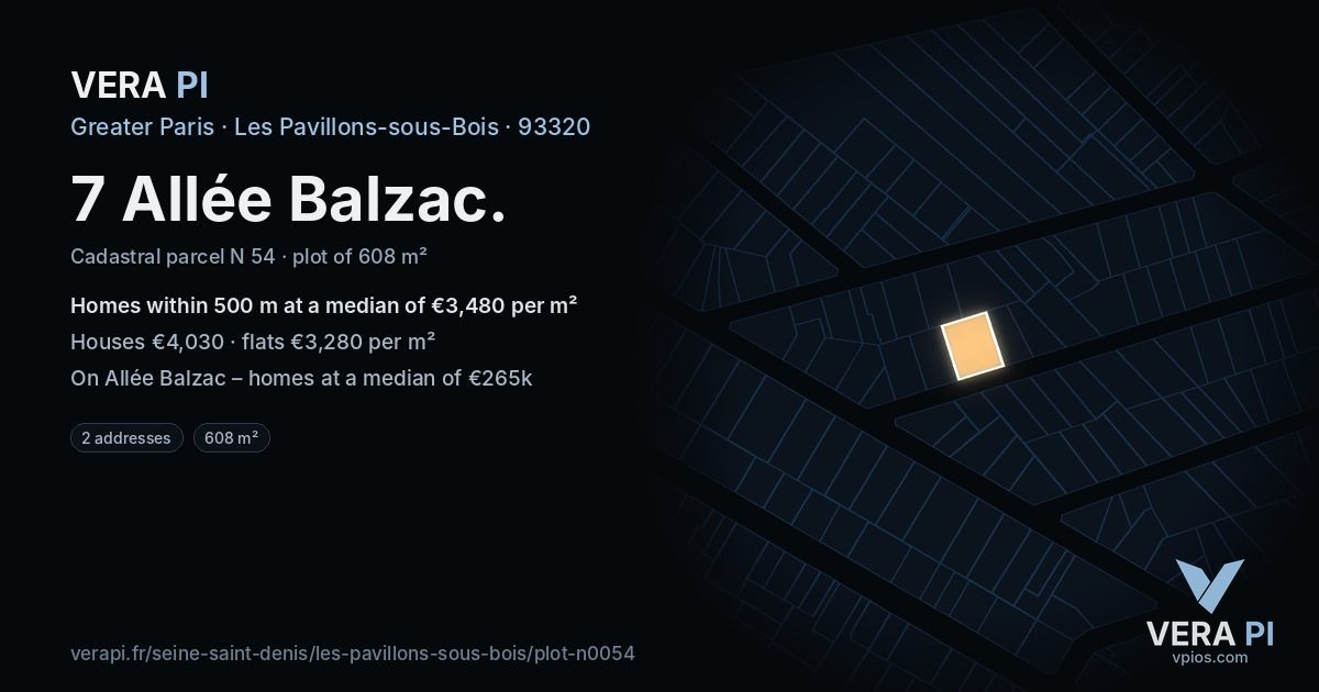 7 Allée Balzac, Les Pavillons-sous-Bois at night – the plot lit, the parcels around coloured by the prices near them