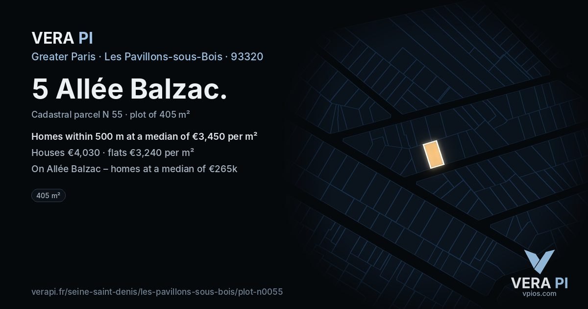 5 Allée Balzac, Les Pavillons-sous-Bois at night – the plot lit, the parcels around coloured by the prices near them