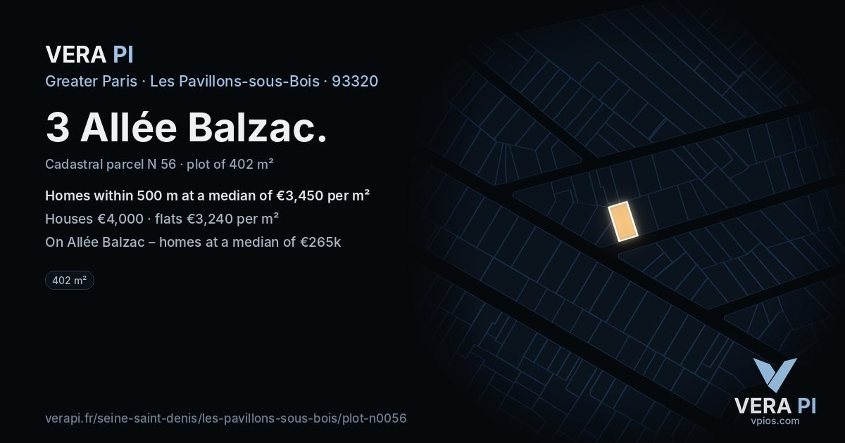 3 Allée Balzac, Les Pavillons-sous-Bois at night – the plot lit, the parcels around coloured by the prices near them