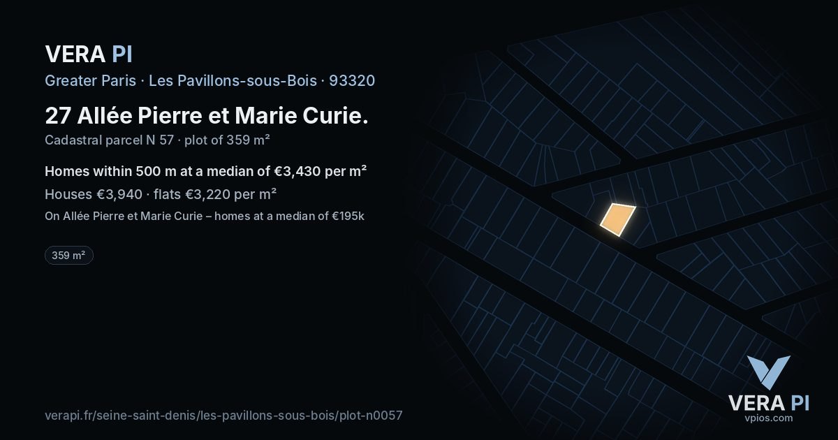 27 Allée Pierre et Marie Curie, Les Pavillons-sous-Bois at night – the plot lit, the parcels around coloured by the prices near them