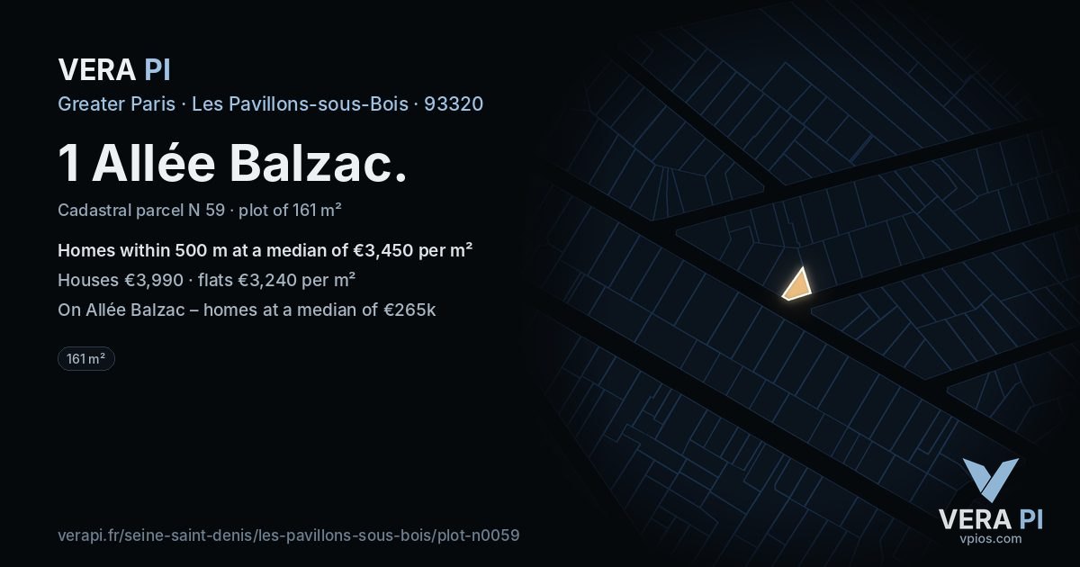 1 Allée Balzac, Les Pavillons-sous-Bois at night – the plot lit, the parcels around coloured by the prices near them