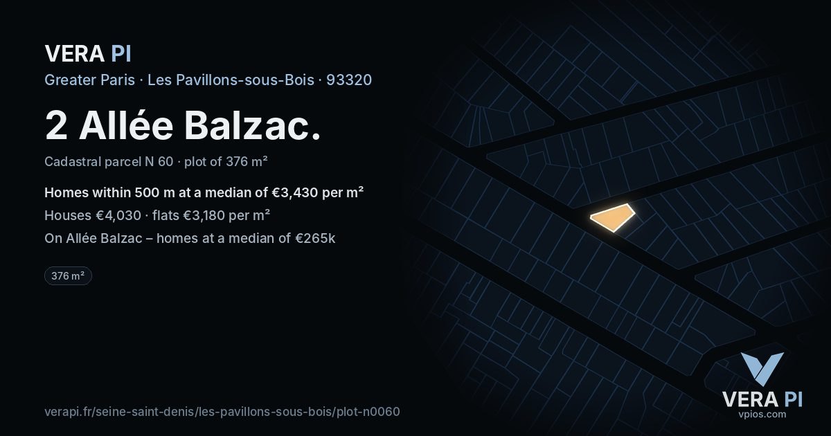 2 Allée Balzac, Les Pavillons-sous-Bois at night – the plot lit, the parcels around coloured by the prices near them