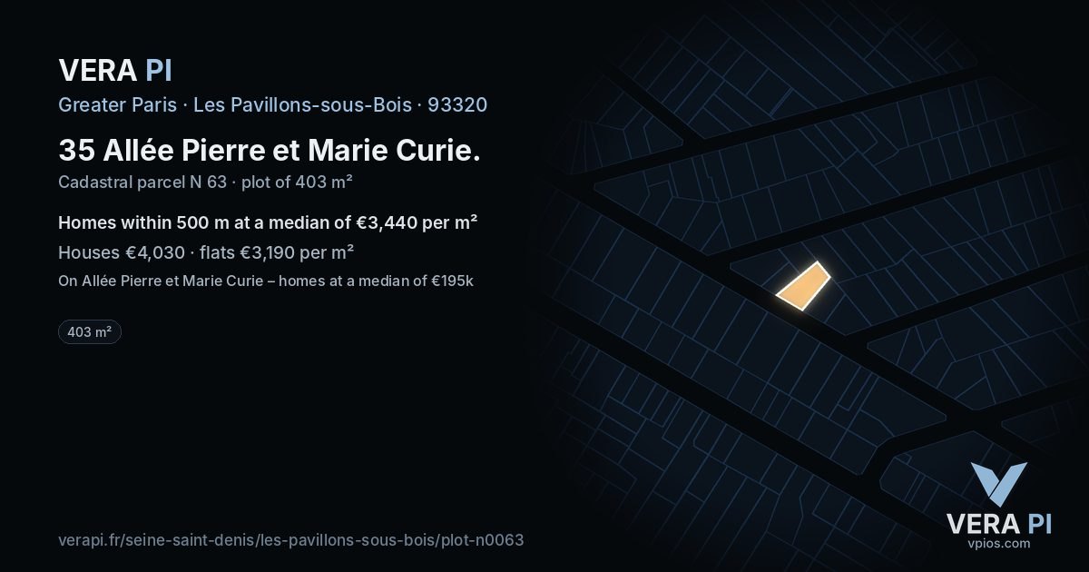 35 Allée Pierre et Marie Curie, Les Pavillons-sous-Bois at night – the plot lit, the parcels around coloured by the prices near them