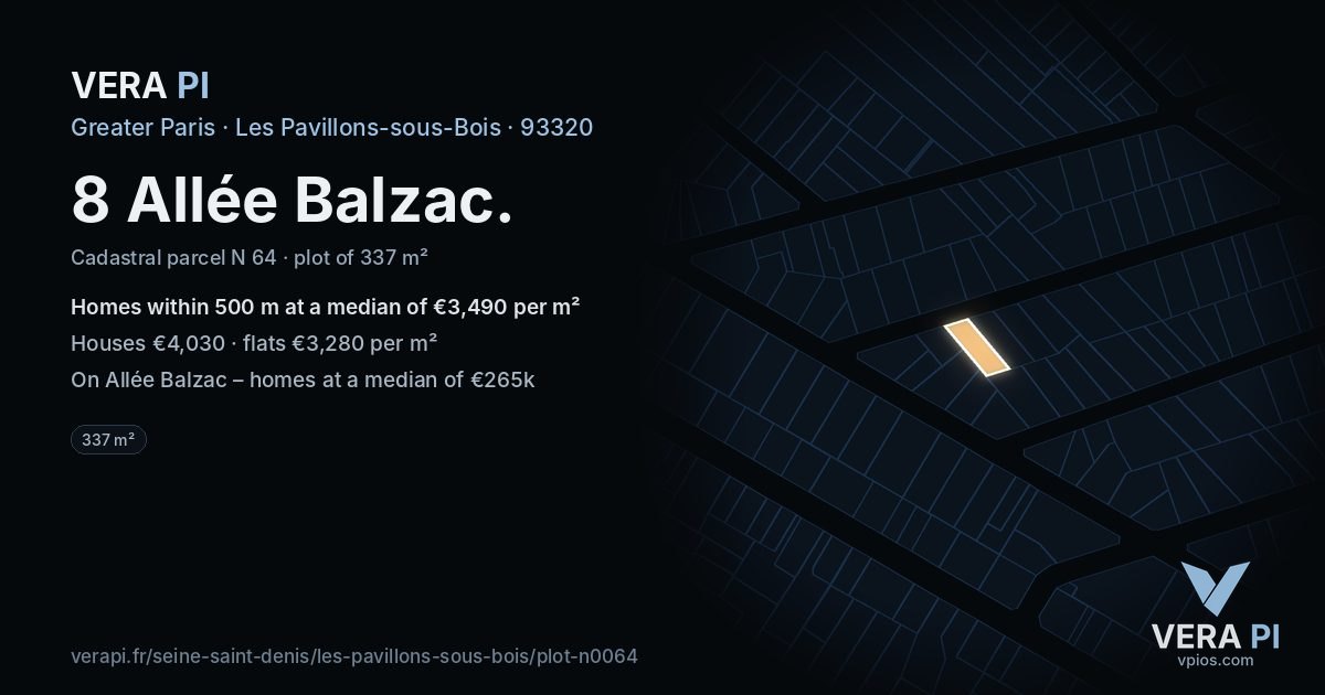 8 Allée Balzac, Les Pavillons-sous-Bois at night – the plot lit, the parcels around coloured by the prices near them