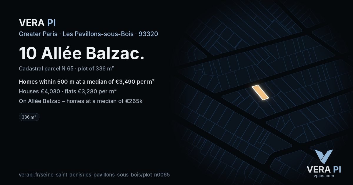 10 Allée Balzac, Les Pavillons-sous-Bois at night – the plot lit, the parcels around coloured by the prices near them