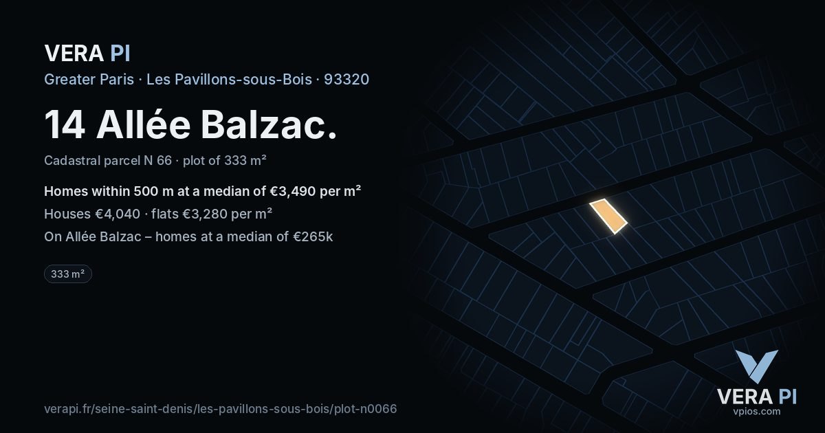 14 Allée Balzac, Les Pavillons-sous-Bois at night – the plot lit, the parcels around coloured by the prices near them