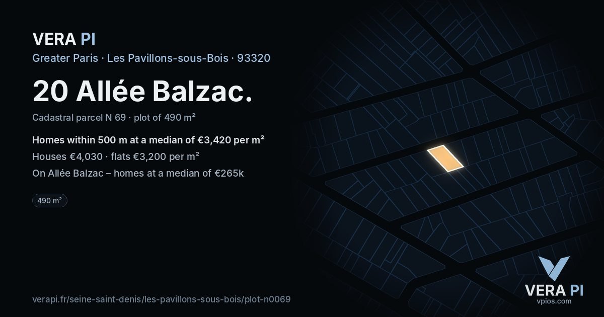 20 Allée Balzac, Les Pavillons-sous-Bois at night – the plot lit, the parcels around coloured by the prices near them