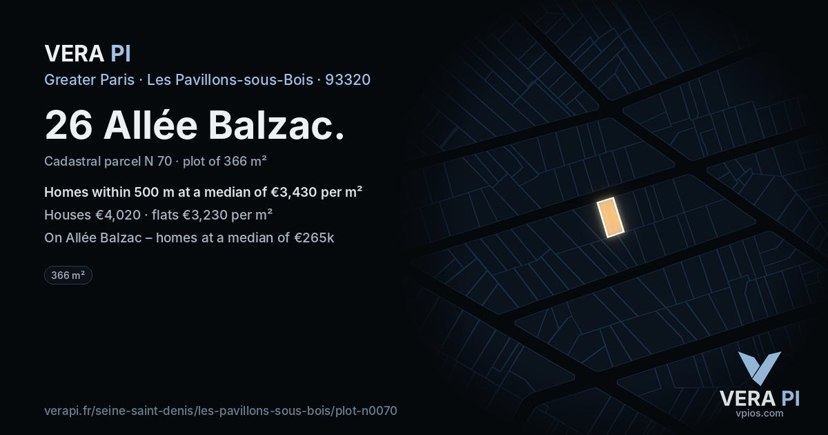 26 Allée Balzac, Les Pavillons-sous-Bois at night – the plot lit, the parcels around coloured by the prices near them
