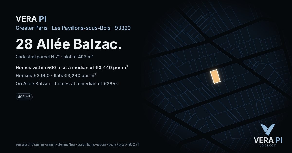 28 Allée Balzac, Les Pavillons-sous-Bois at night – the plot lit, the parcels around coloured by the prices near them