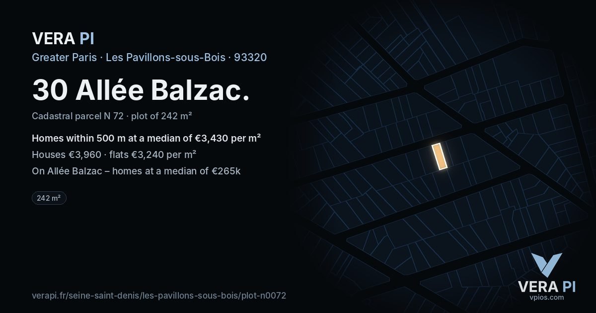 30 Allée Balzac, Les Pavillons-sous-Bois at night – the plot lit, the parcels around coloured by the prices near them