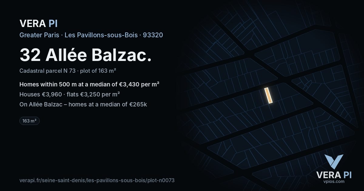 32 Allée Balzac, Les Pavillons-sous-Bois at night – the plot lit, the parcels around coloured by the prices near them