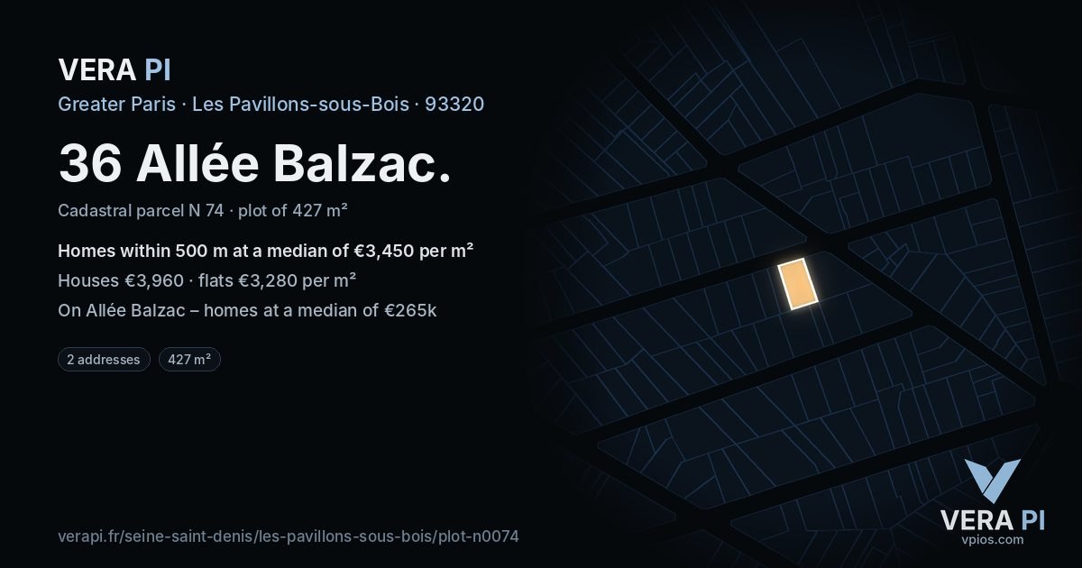 36 Allée Balzac, Les Pavillons-sous-Bois at night – the plot lit, the parcels around coloured by the prices near them