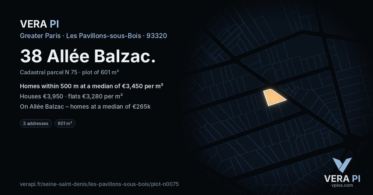 38 Allée Balzac, Les Pavillons-sous-Bois at night – the plot lit, the parcels around coloured by the prices near them
