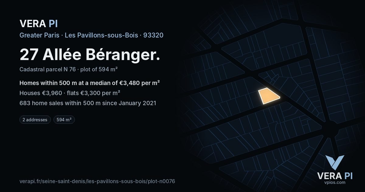 27 Allée Béranger, Les Pavillons-sous-Bois at night – the plot lit, the parcels around coloured by the prices near them