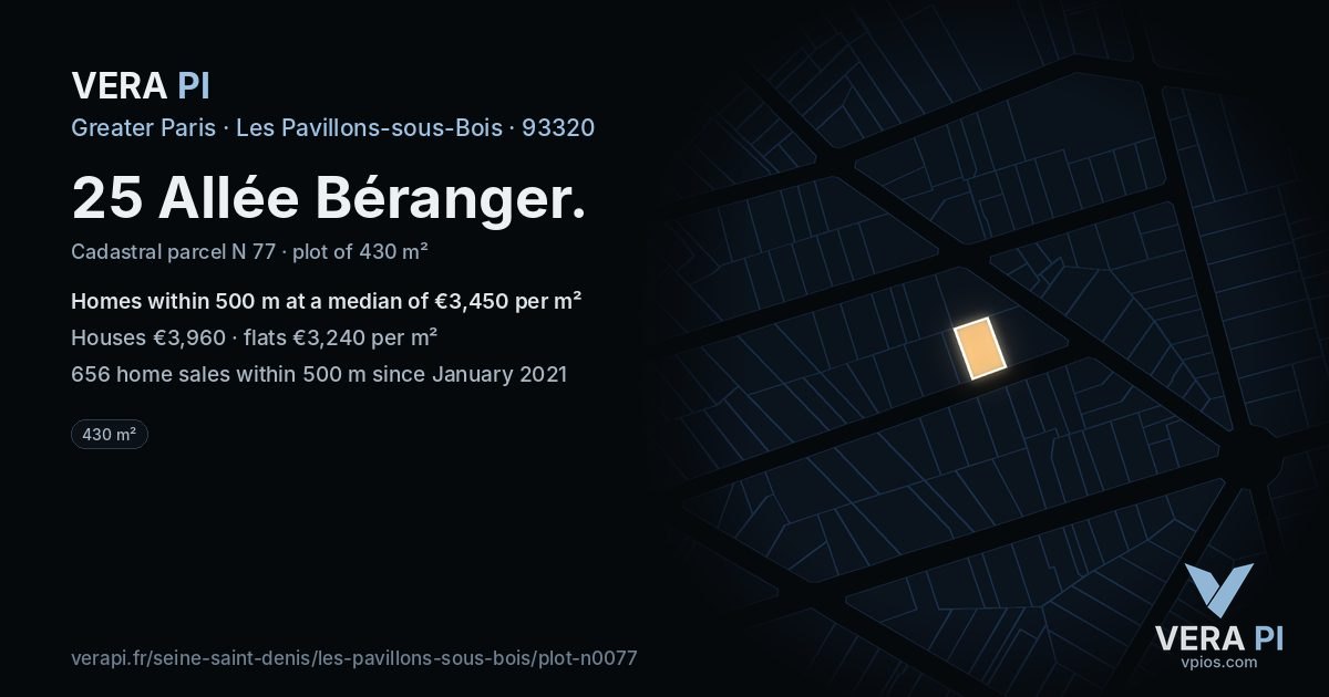 25 Allée Béranger, Les Pavillons-sous-Bois at night – the plot lit, the parcels around coloured by the prices near them