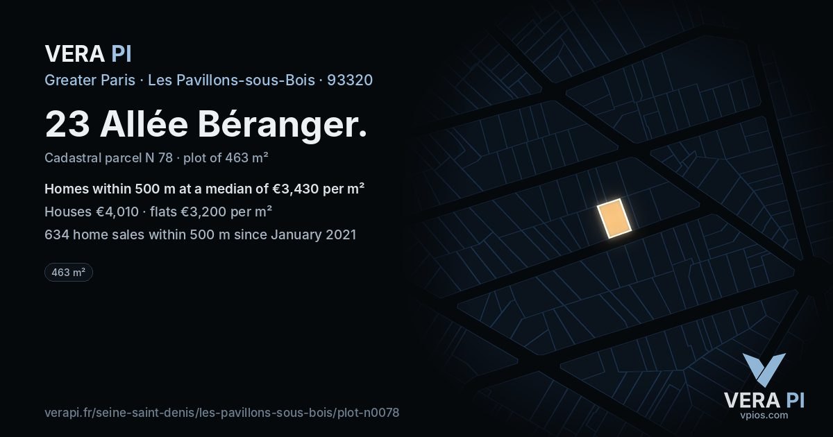 23 Allée Béranger, Les Pavillons-sous-Bois at night – the plot lit, the parcels around coloured by the prices near them