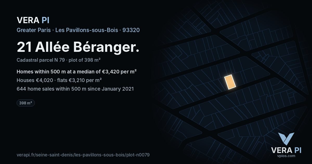 21 Allée Béranger, Les Pavillons-sous-Bois at night – the plot lit, the parcels around coloured by the prices near them