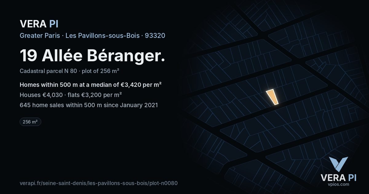 19 Allée Béranger, Les Pavillons-sous-Bois at night – the plot lit, the parcels around coloured by the prices near them