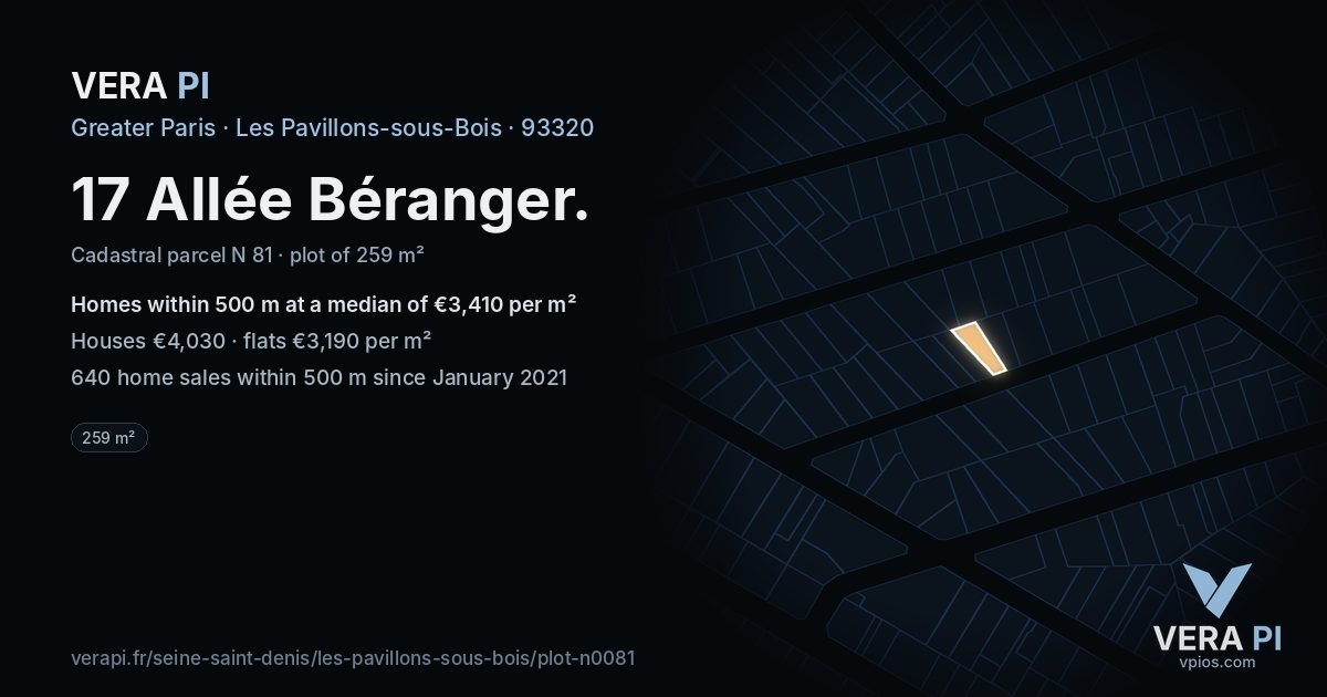 17 Allée Béranger, Les Pavillons-sous-Bois at night – the plot lit, the parcels around coloured by the prices near them