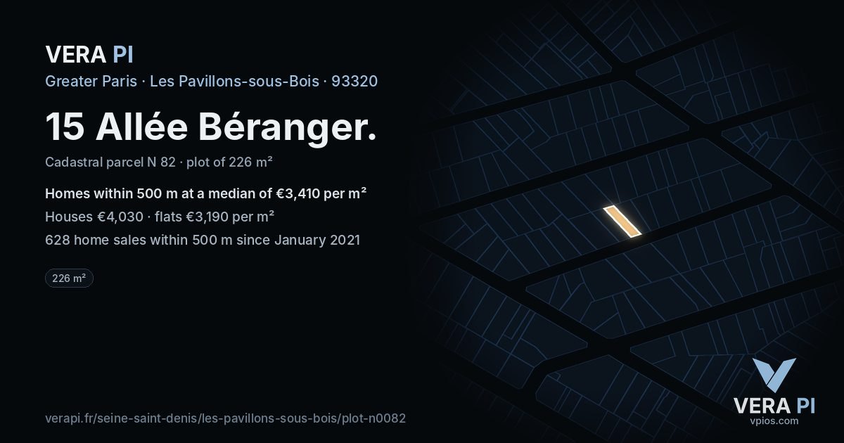 15 Allée Béranger, Les Pavillons-sous-Bois at night – the plot lit, the parcels around coloured by the prices near them