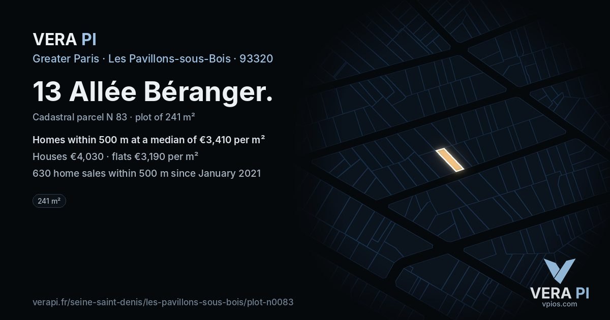 13 Allée Béranger, Les Pavillons-sous-Bois at night – the plot lit, the parcels around coloured by the prices near them