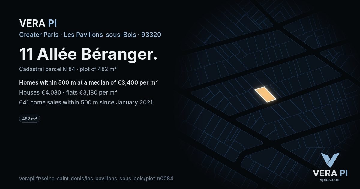 11 Allée Béranger, Les Pavillons-sous-Bois at night – the plot lit, the parcels around coloured by the prices near them