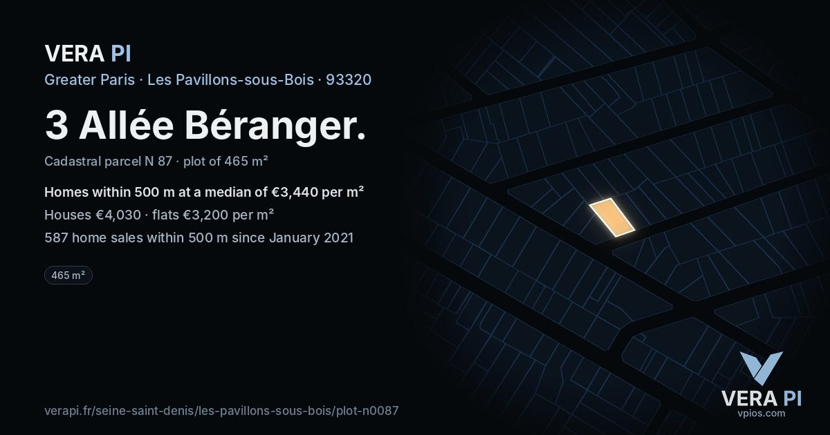 3 Allée Béranger, Les Pavillons-sous-Bois at night – the plot lit, the parcels around coloured by the prices near them