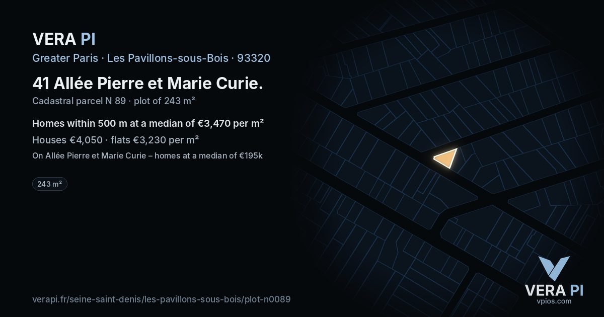 41 Allée Pierre et Marie Curie, Les Pavillons-sous-Bois at night – the plot lit, the parcels around coloured by the prices near them