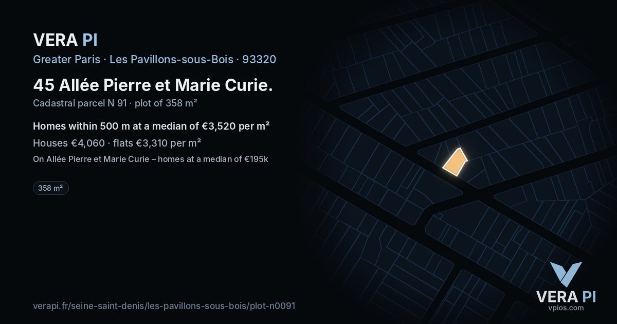 45 Allée Pierre et Marie Curie, Les Pavillons-sous-Bois at night – the plot lit, the parcels around coloured by the prices near them