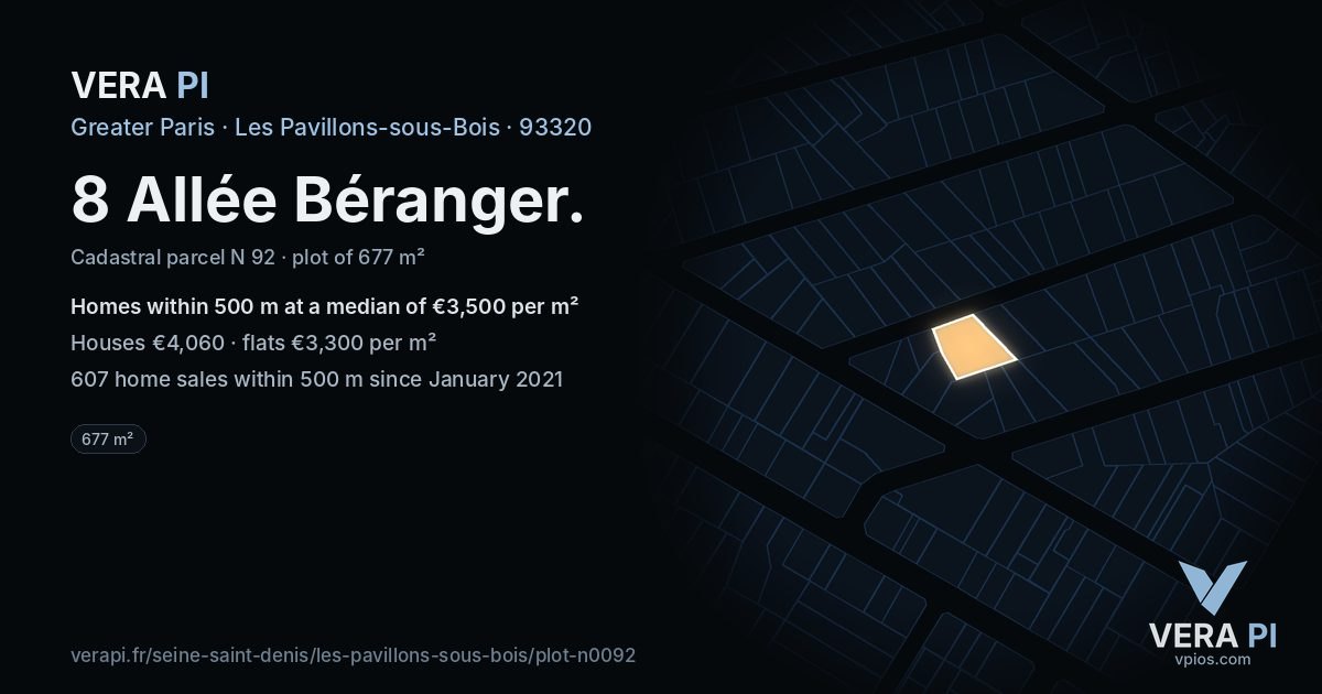 8 Allée Béranger, Les Pavillons-sous-Bois at night – the plot lit, the parcels around coloured by the prices near them