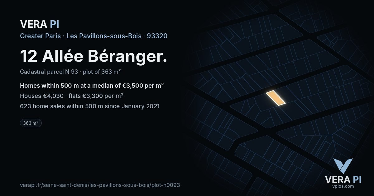 12 Allée Béranger, Les Pavillons-sous-Bois at night – the plot lit, the parcels around coloured by the prices near them