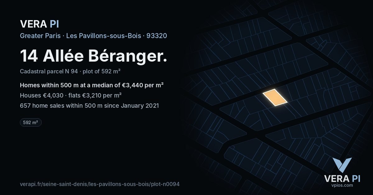 14 Allée Béranger, Les Pavillons-sous-Bois at night – the plot lit, the parcels around coloured by the prices near them