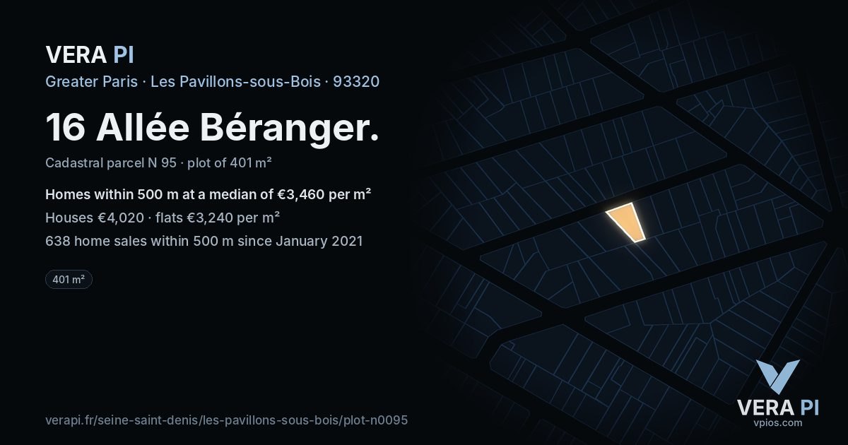 16 Allée Béranger, Les Pavillons-sous-Bois at night – the plot lit, the parcels around coloured by the prices near them